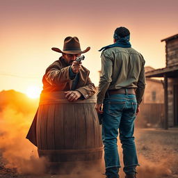 A dramatic and suspenseful scene depicting a cowboy stealthily raising his revolver towards another unsuspecting cowboy