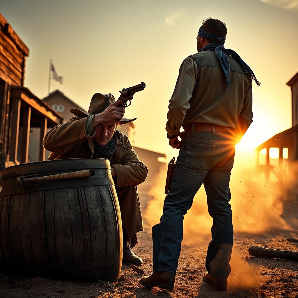 A dramatic and suspenseful scene depicting a cowboy stealthily raising his revolver towards another unsuspecting cowboy