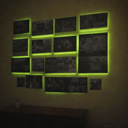 A dark room in a house with photographs pinned to the wall and marked with a highlighter.