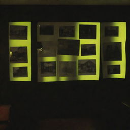 A dark room in a house with photographs pinned to the wall and marked with a highlighter.