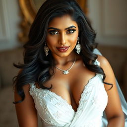 A beautiful Indian woman in a provocative white bridal gown, featuring a daring deep neckline that showcases her voluptuous figure