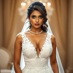 A beautiful Indian woman in a provocative white bridal gown, featuring a daring deep neckline that showcases her voluptuous figure