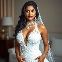 A beautiful Indian woman in a provocative white bridal gown, featuring a daring deep neckline that showcases her voluptuous figure