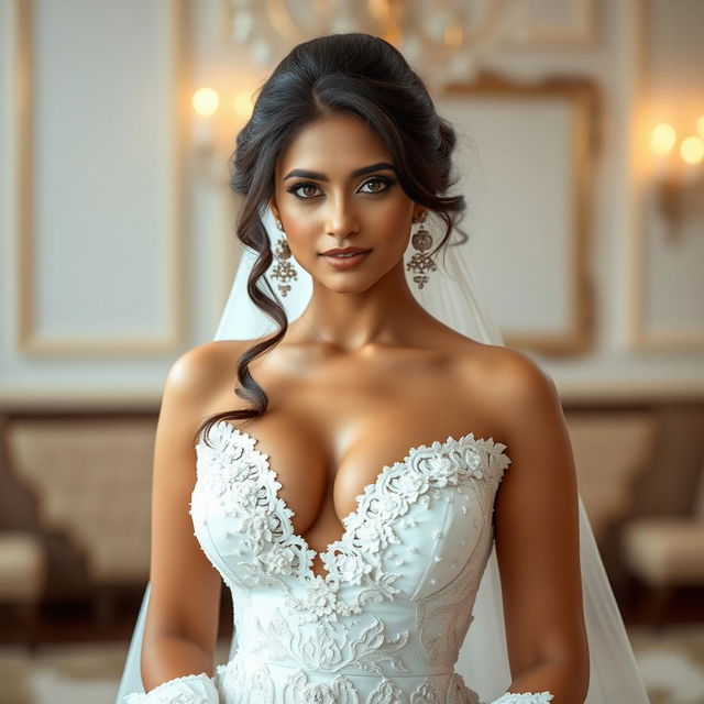 A beautiful Indian woman in a provocative white bridal gown, featuring a daring deep neckline that showcases her voluptuous figure