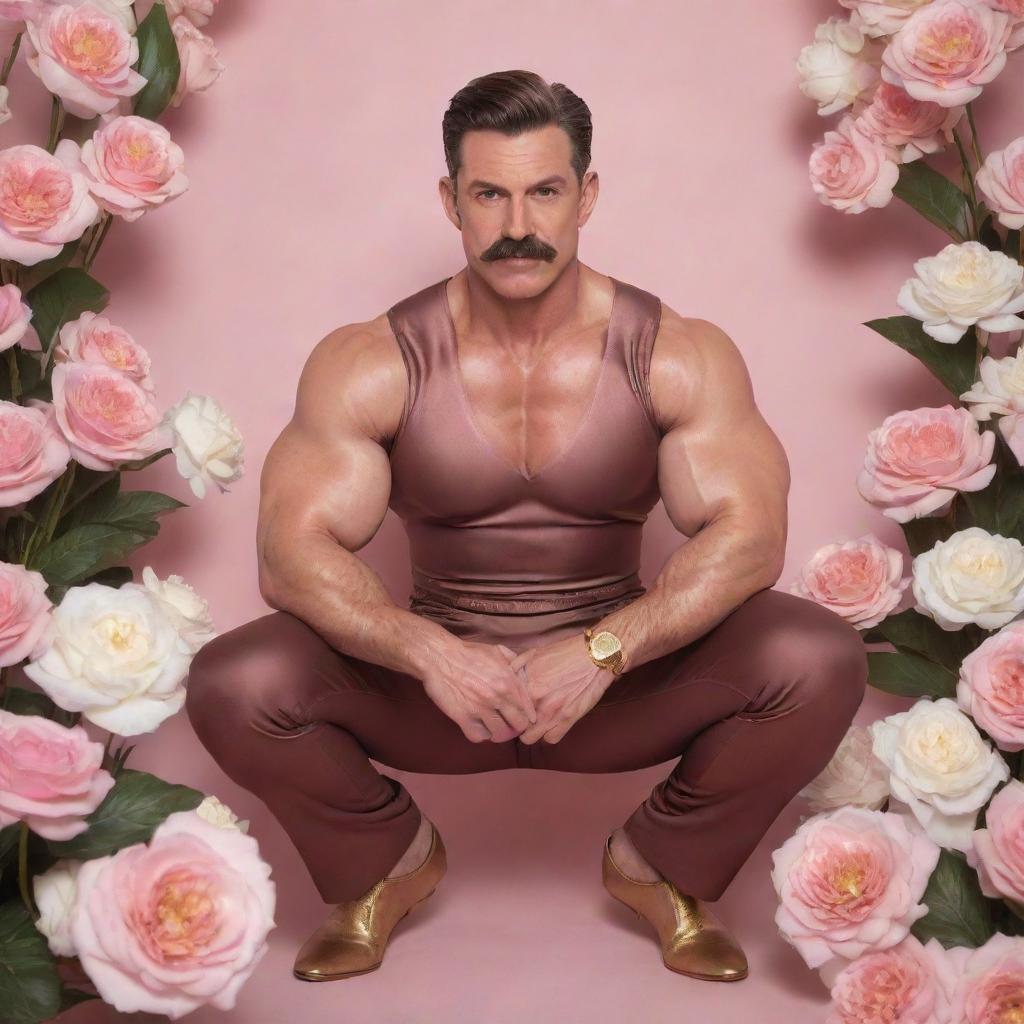 In a photorealistic style, capture a muscular 40-year-old man with abs, a modern pompadour, and mustache, crouched in a lively pose. He's wearing a brown Sailor Moon silk outfit against an endless backdrop of white flowers and arabesques, pink mist, flashes of light, and a golden sun.