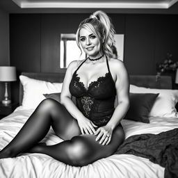 A monochrome photo of a stylish 40-year-old curvy and chubby woman with blonde hair elegantly styled in a ponytail