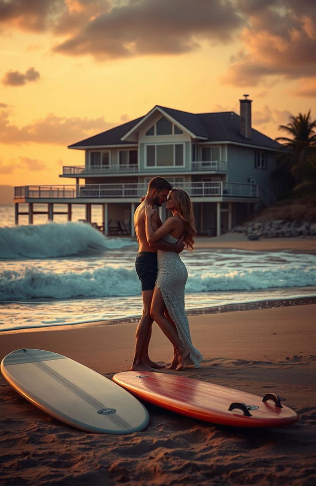 A dark romance scene set on a summer beach, featuring a stylish beach house in the background