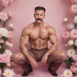 In a photorealistic style, capture a muscular 40-year-old man with abs, a modern pompadour, and mustache, crouched in a lively pose. He's wearing a brown Sailor Moon silk outfit against an endless backdrop of white flowers and arabesques, pink mist, flashes of light, and a golden sun.