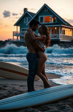 A dark romance scene set on a summer beach, featuring a stylish beach house in the background