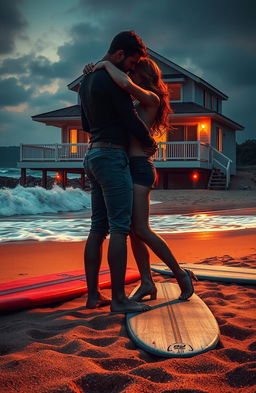 A dark romance scene set on a summer beach, featuring a stylish beach house in the background