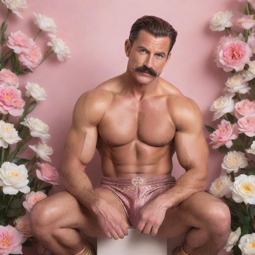 In a photorealistic style, capture a muscular 40-year-old man with abs, a modern pompadour, and mustache, crouched in a lively pose. He's wearing a brown Sailor Moon silk outfit against an endless backdrop of white flowers and arabesques, pink mist, flashes of light, and a golden sun.