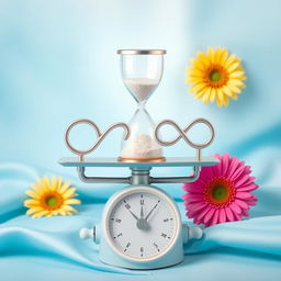A serene composition featuring a beautifully crafted hourglass placed on an elegant weighing scale, accompanied by a gracefully designed infinity symbol on the opposite side