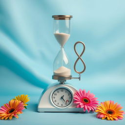 A serene composition featuring a beautifully crafted hourglass placed on an elegant weighing scale, accompanied by a gracefully designed infinity symbol on the opposite side