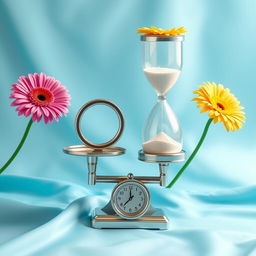A serene composition featuring a beautifully crafted hourglass placed on an elegant weighing scale, accompanied by a gracefully designed infinity symbol on the opposite side