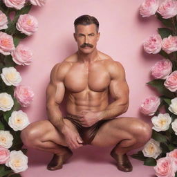 In a photorealistic style, capture a muscular 40-year-old man with abs, a modern pompadour, and mustache, crouched in a lively pose. He's wearing a brown Sailor Moon silk outfit against an endless backdrop of white flowers and arabesques, pink mist, flashes of light, and a golden sun.