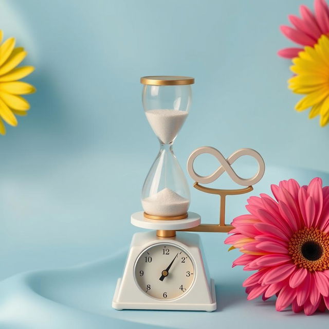 A serene composition featuring a beautifully crafted hourglass placed on an elegant weighing scale, accompanied by a gracefully designed infinity symbol on the opposite side