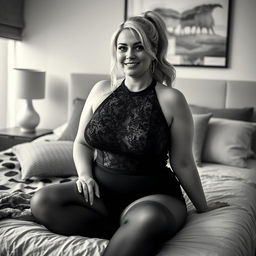 A retro monochrome photo of a stylish 40-year-old curvy and chubby woman with blonde hair elegantly styled in a ponytail