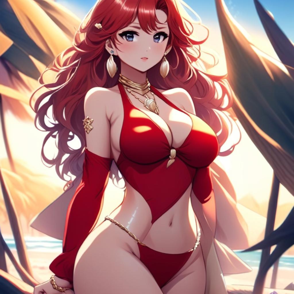 Intricate anime-style profile picture of a stunning, curvaceous girl with sunset-hued hair at a serene beach, wearing detailed red swimwear and a seashell necklace.