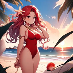 Intricate anime-style profile picture of a stunning, curvaceous girl with sunset-hued hair at a serene beach, wearing detailed red swimwear and a seashell necklace.