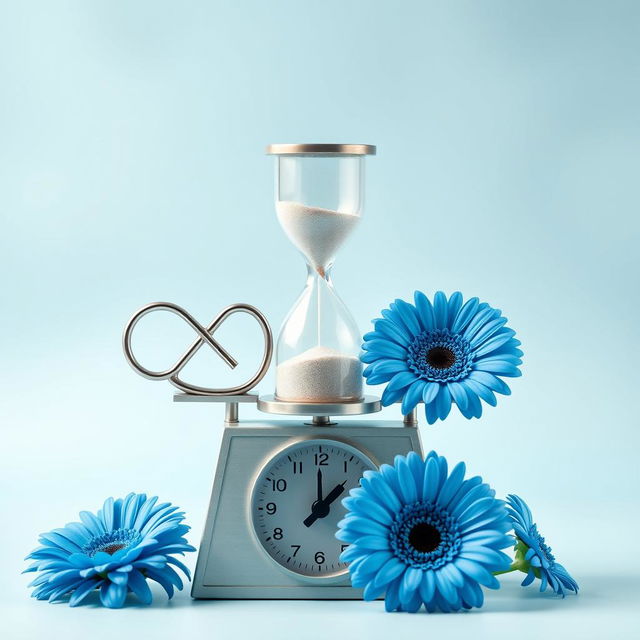 A serene composition featuring a beautifully crafted hourglass elegantly positioned on a classic weighing scale, accompanied by a gracefully designed infinity symbol on the opposite side