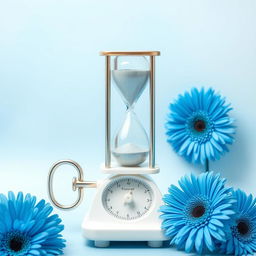 A serene composition featuring a beautifully crafted hourglass elegantly positioned on a classic weighing scale, accompanied by a gracefully designed infinity symbol on the opposite side