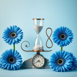 A serene composition featuring a beautifully crafted hourglass elegantly positioned on a classic weighing scale, accompanied by a gracefully designed infinity symbol on the opposite side