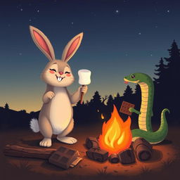 A cute and whimsical scene featuring a fluffy bunny happily roasting marshmallows over a crackling campfire at dusk