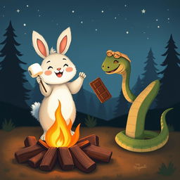 A cute and whimsical scene featuring a fluffy bunny happily roasting marshmallows over a crackling campfire at dusk