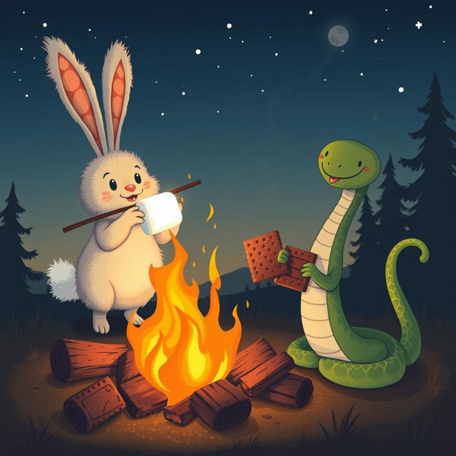 A cute and whimsical scene featuring a fluffy bunny happily roasting marshmallows over a crackling campfire at dusk