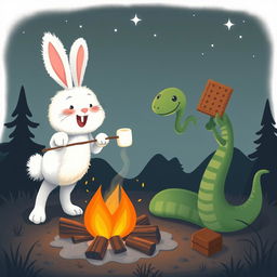 A cute and whimsical scene featuring a fluffy bunny happily roasting marshmallows over a crackling campfire at dusk