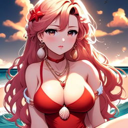 Intricate anime-style profile picture of a stunning, curvaceous girl with sunset-hued hair at a serene beach, wearing detailed red swimwear and a seashell necklace.