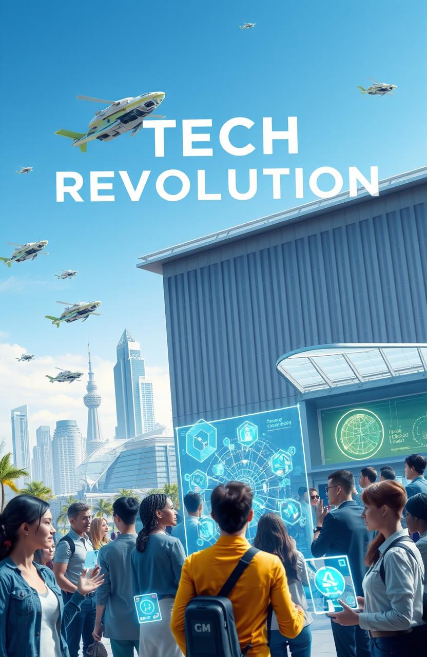 A dynamic and engaging visual representation of the Tech Revolution, showcasing modern innovations like advanced robotics, artificial intelligence, renewable energy technologies, and virtual reality