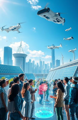 A dynamic and engaging visual representation of the Tech Revolution, showcasing modern innovations like advanced robotics, artificial intelligence, renewable energy technologies, and virtual reality