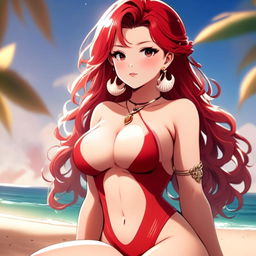 Intricate anime-style profile picture of a stunning, curvaceous girl with sunset-hued hair at a serene beach, wearing detailed red swimwear and a seashell necklace.