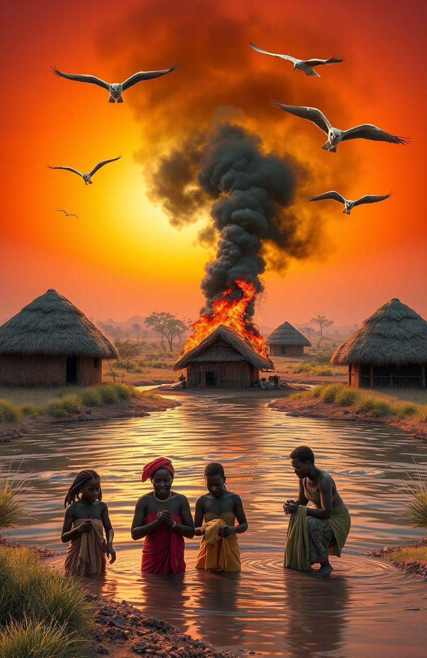 A vivid 3D scene showcasing three African villages separated by a flowing river