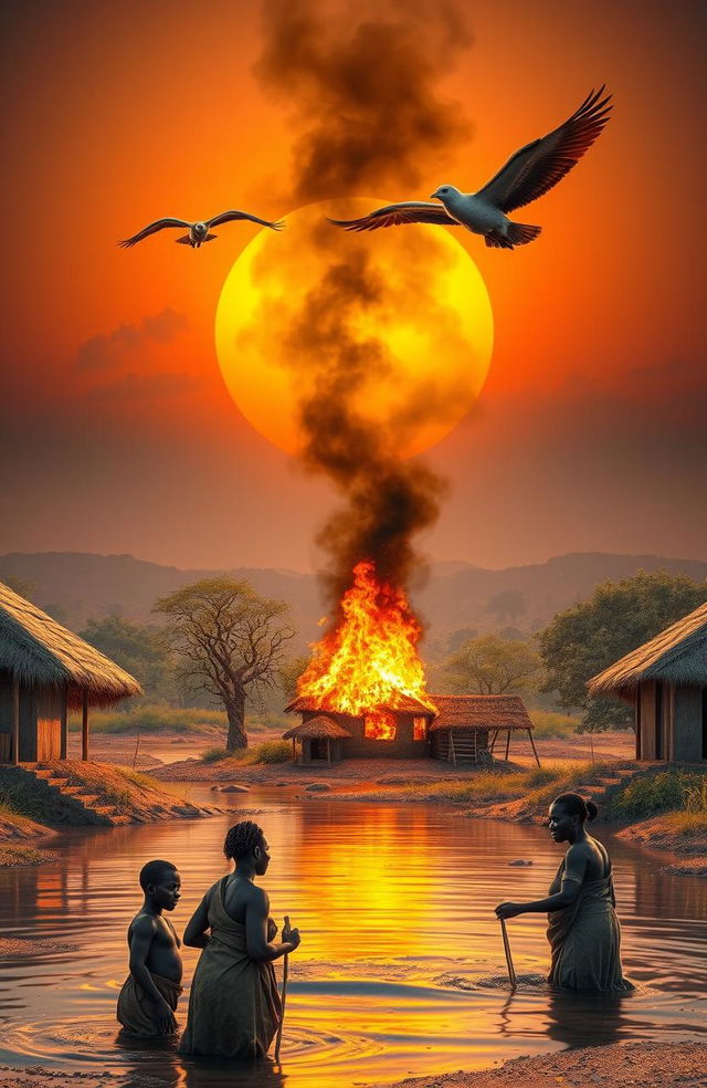 A vivid 3D scene showcasing three African villages separated by a flowing river