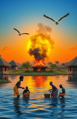 A vivid 3D scene showcasing three African villages separated by a flowing river
