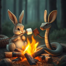 A realistic scene depicting a cute bunny roasting marshmallows over a warm campfire