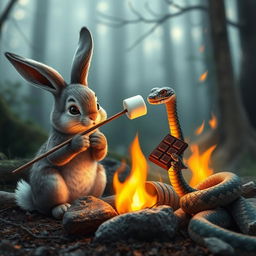 A realistic scene depicting a cute bunny roasting marshmallows over a warm campfire