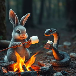 A realistic scene depicting a cute bunny roasting marshmallows over a warm campfire