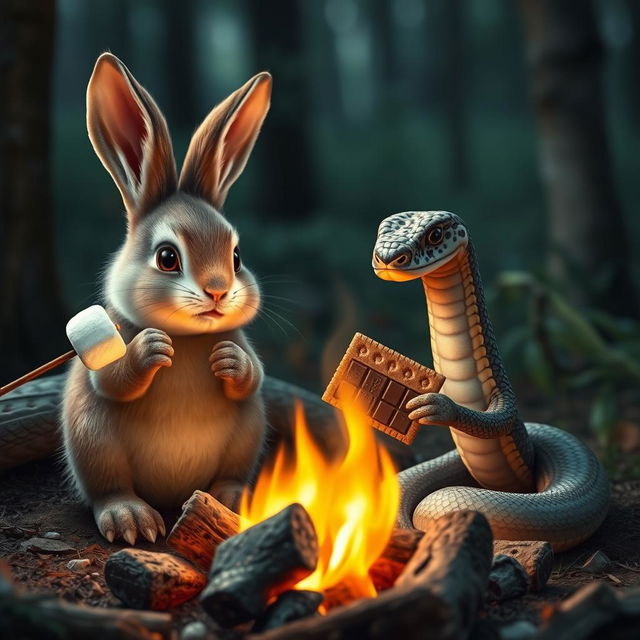 A realistic scene depicting a cute bunny roasting marshmallows over a warm campfire