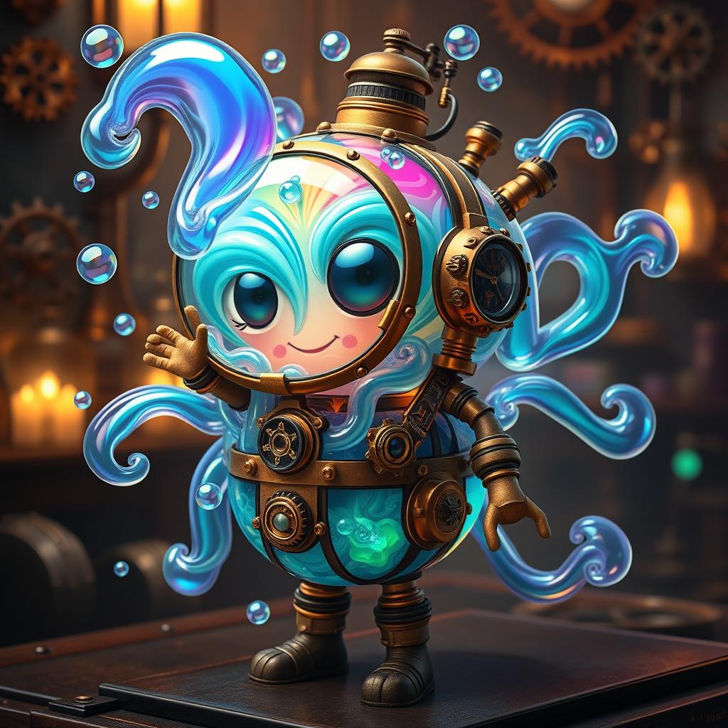 A whimsical character made entirely of vibrant, swirling gas, encased within an intricate steampunk fish tank suit