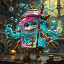 A whimsical character made entirely of vibrant, swirling gas, encased within an intricate steampunk fish tank suit