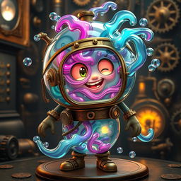 A whimsical character made entirely of vibrant, swirling gas, encased within an intricate steampunk fish tank suit