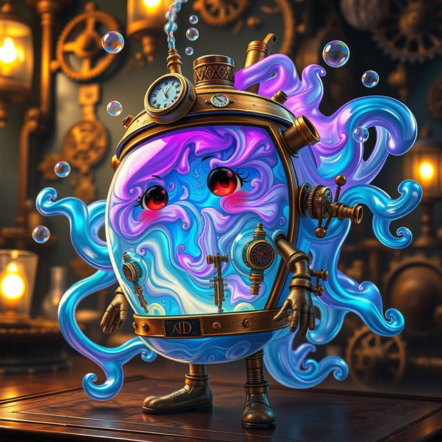 A whimsical character made entirely of vibrant, swirling gas, encased within an intricate steampunk fish tank suit