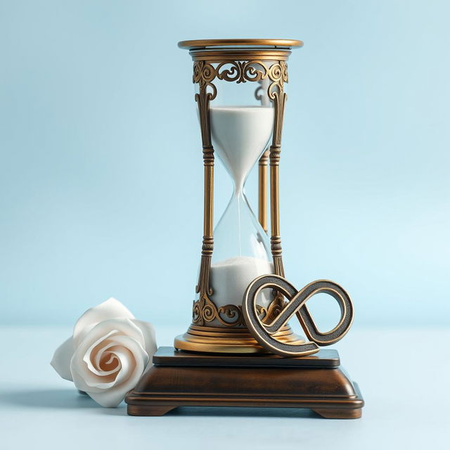 A peaceful composition featuring an elegantly designed hourglass positioned on a classic weighing scale alongside a beautifully crafted infinity symbol