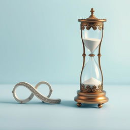 A peaceful composition featuring an elegantly designed hourglass positioned on a classic weighing scale alongside a beautifully crafted infinity symbol