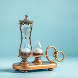 A peaceful composition featuring an elegantly designed hourglass positioned on a classic weighing scale alongside a beautifully crafted infinity symbol