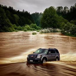 An SUV caught in the tumultuous currents of a flooded river, painting a dramatic picture of nature's wrath.