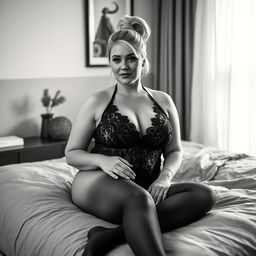 An iPhone monochrome retro photo featuring a stylish 40-year-old curvy and chubby woman with blonde hair neatly tied in a ponytail